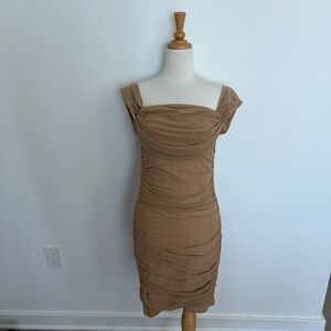Pretty Garden Womens Dress Size Medium Nude Tan Sheer Overlay Bodycon Ruched